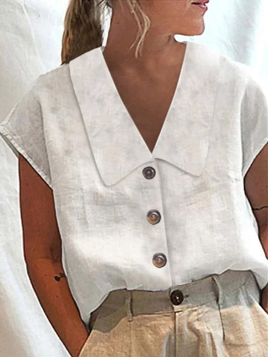 Cap Sleeve Loose Buttoned Solid Color Lapel Blouses&shirts Tops