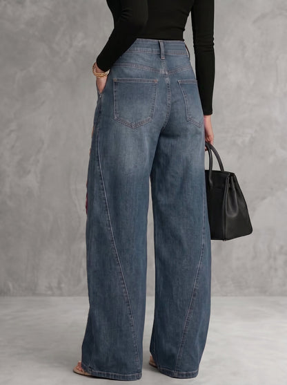 High Waisted Wide Leg Buttoned Flower Print Hollow Pockets Jean Pants Bottoms Trousers