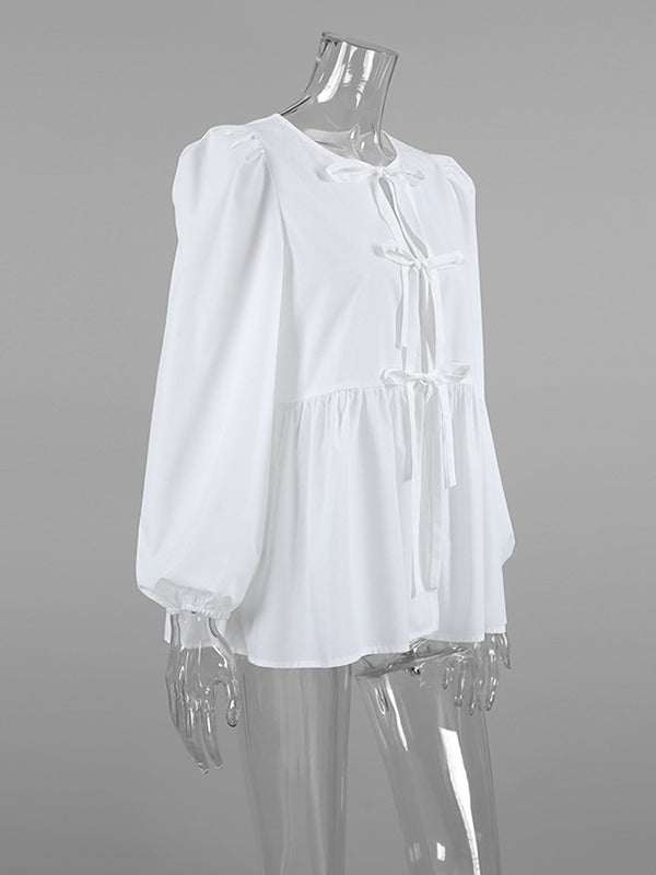 Long Sleeves Loose Elasticity Solid Color Split-Joint Tied Round-Neck Blouses&Shirts Tops
