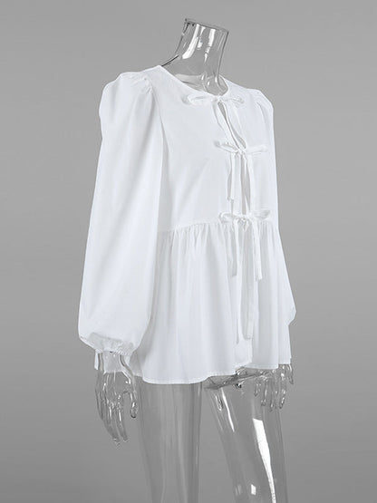Long Sleeves Loose Elasticity Solid Color Split-Joint Tied Round-Neck Blouses&Shirts Tops