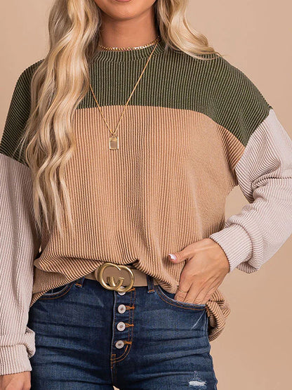 Long Sleeves Loose Contrast Color Round-Neck Sweatshirt Tops