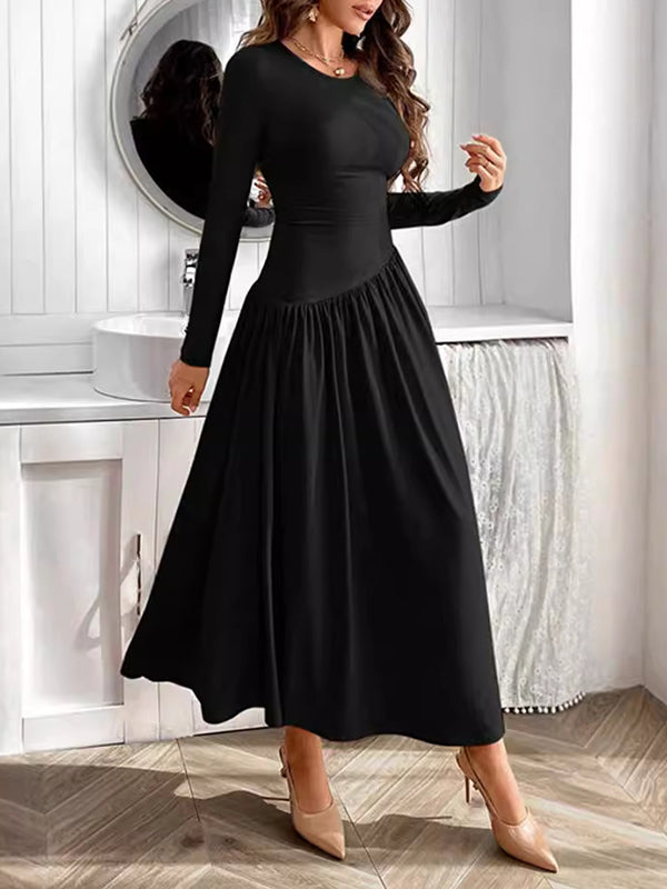 Long Sleeves Skinny Solid Color Split-Joint Round-Neck Maxi Dresses