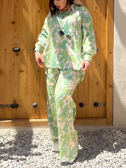 Leaves Print Long Sleeves Loose Buttoned Split-Side Lapel Shirts Top +  Pants Bottom Two Pieces Set