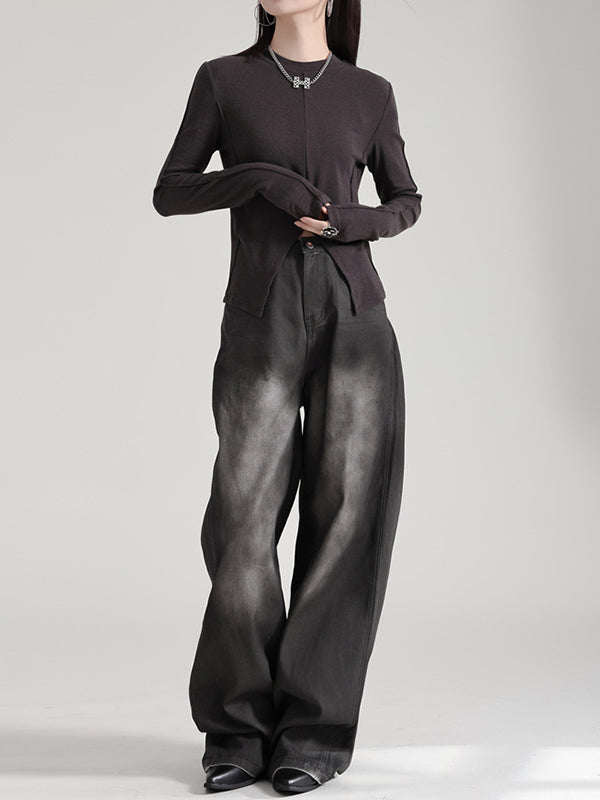Long Sleeves Skinny Solid Color Split-Front Round-Neck T-Shirts Tops