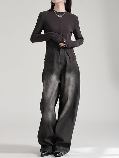 Long Sleeves Skinny Solid Color Split-Front Round-Neck T-Shirts Tops
