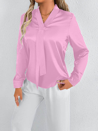 Long Sleeves Loose Solid Color Split-Joint Streamer Scarf Collar Blouses&Shirts Tops