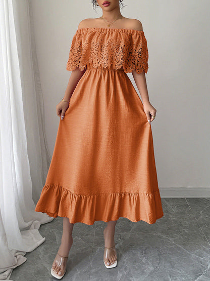 A-Line High Waisted Pleated Ruffled Solid Color Split-Joint Off-the-shoulder Midi Dresses