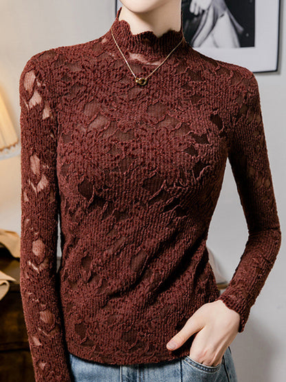 Long Sleeves Plus Size Crochet Hollow Solid Color Mock Neck T-Shirts Tops