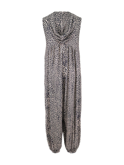 High Waisted Loose Contrast Color Leopard Pleated Pockets Split-Joint Zipper Hooded Anklets Jumpsuits