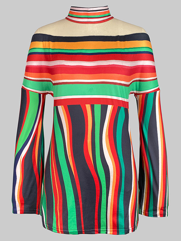 Long Sleeves Loose Contrast Color Striped Halter-Neck T-Shirts Tops