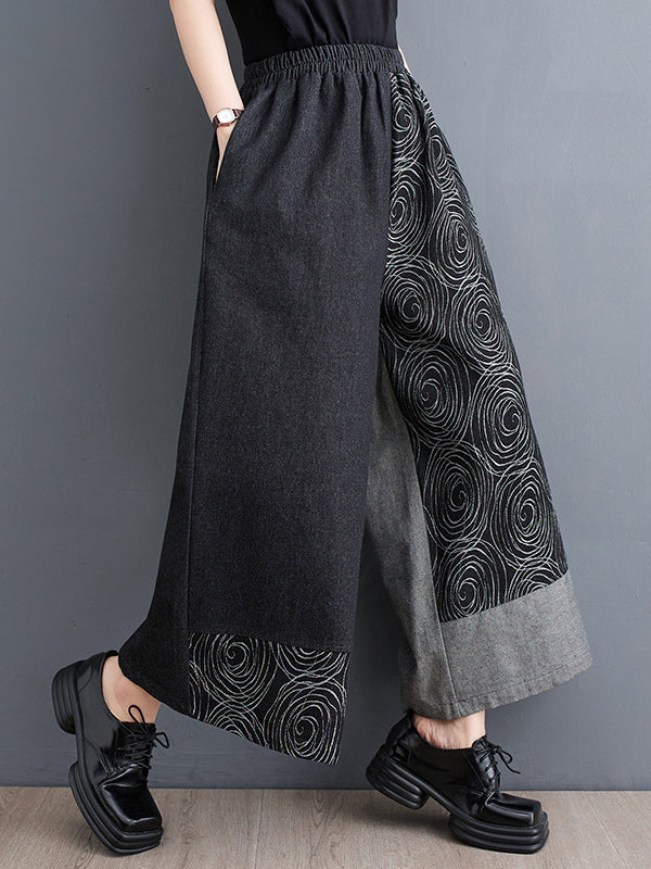 High Waisted Loose Asymmetric Elasticity Printed Split-Joint Jean Pants Bottoms