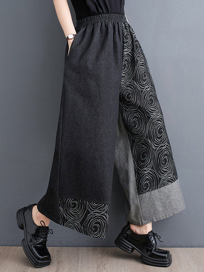 High Waisted Loose Asymmetric Elasticity Printed Split-Joint Jean Pants Bottoms