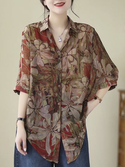 Long Sleeves Loose Buttoned Flower Print Tied Lapel Blouses&Shirts Tops