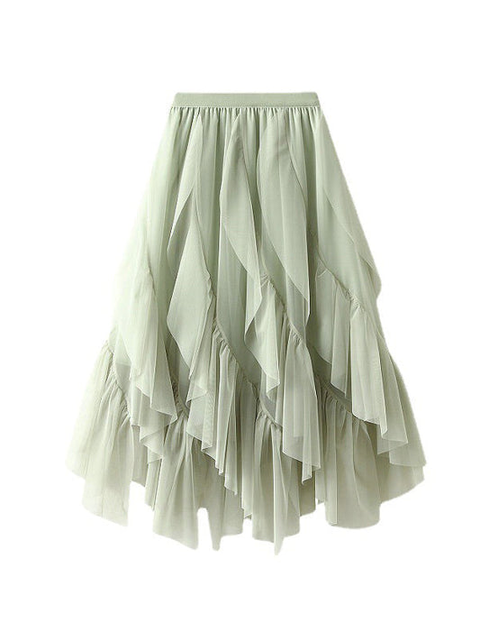 A-Line Loose Elasticity Gauze Pleated Solid Color Split-Joint Skirts