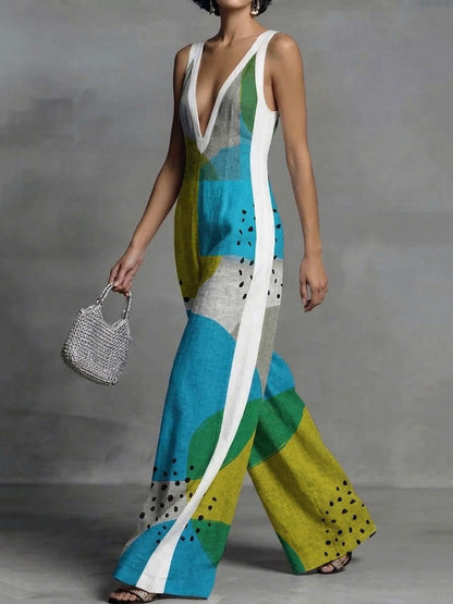 Loose Sleeveless Contrast Color Pockets Polka-Dot Printed Split-Joint Deep V-Neck Jumpsuits