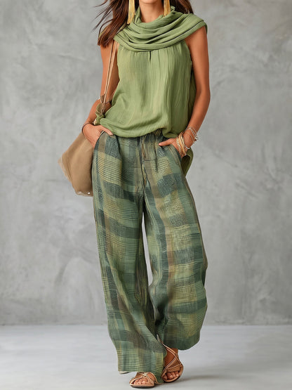 Loose Sleeveless Detachable Pleated Solid Color Halter-Neck Scarf + Tank Top Two Pieces Set
