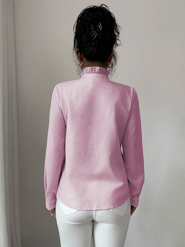 Long Sleeves Skinny Buttoned Ruffled Split-Joint Striped Stand Collar Blouses&Shirts Tops