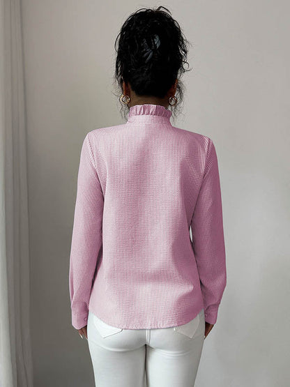 Long Sleeves Skinny Buttoned Ruffled Split-Joint Striped Stand Collar Blouses&Shirts Tops