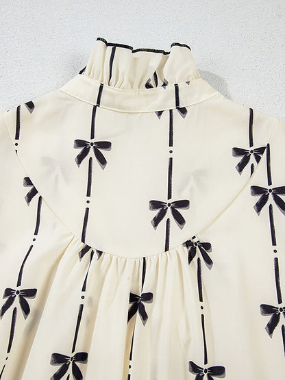 A-Line Loose Bowknot Contrast Color Printed Split-Joint Stand Collar Midi Dresses