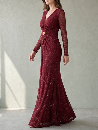 Zipper Solid Color Sequined See-Through Pleated Buttoned Long Sleeves Bodycon V-neck Maxi Dresses