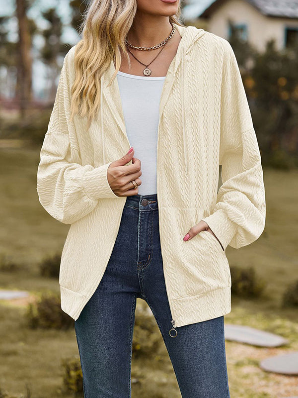 Long Sleeves Loose Drawstring Hooded Pockets Solid Color Zipper V-Neck Outerwear