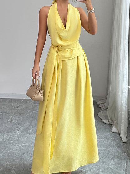 High Waisted Sleeveless Pleated Solid Color Tied Waist Halter-Neck Midi Dresses