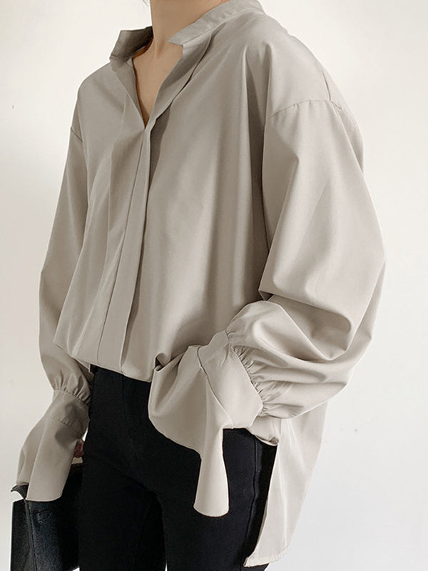 Flared Sleeves High-Low Buttoned Solid Color Split-Side V-Neck Blouses&Shirts Tops