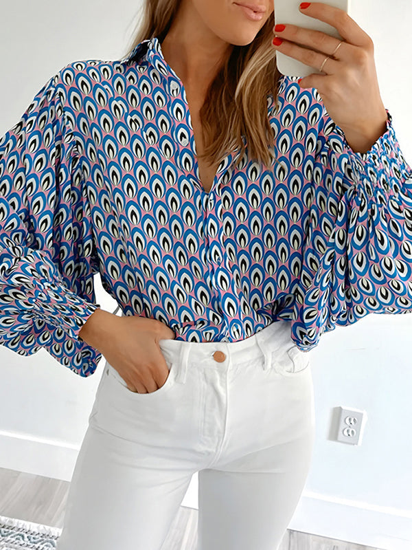 Long Sleeves Loose Buttoned Contrast Color Elasticity Lapel Blouses&Shirts Tops