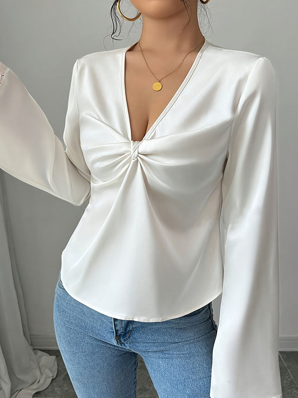 Long Sleeves Loose Pleated Solid Color Split-Joint V-Neck Blouses&Shirts Tops