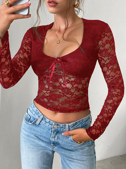 Long Sleeves Skinny Bow-Embellished Flower Print Hollow See-Through Split-Joint Tied Square-Neck Blouses&Shirts Tops