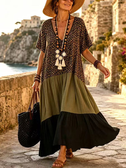 Split-Joint Printed Pleated Leopard Loose Half Sleeves Deep V-Neck Maxi Dresses