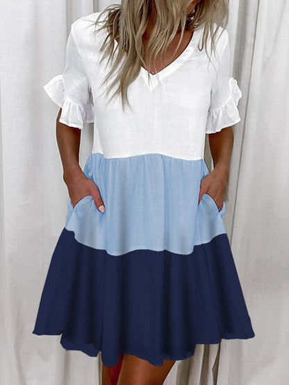 A-Line High Waisted Contrast Color Pleated Pockets Printed Split-Joint V-Neck Midi Dresses