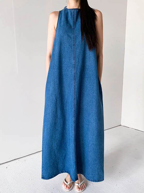 A-Line Loose Pockets Solid Color Tied Round-Neck Maxi Dresses