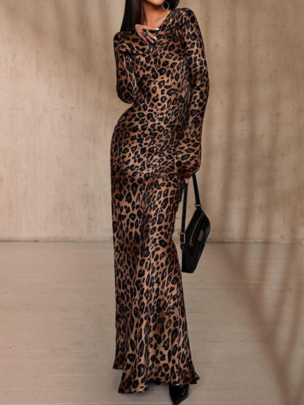 Bodycon High Waisted Leopard Zipper Round-Neck Maxi Dresses