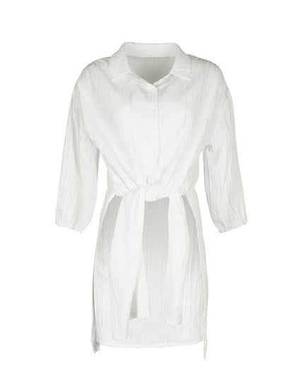 Long Sleeves Loose Buttoned Elasticity Solid Color Split-Side Lapel Blouses&Shirts Tops