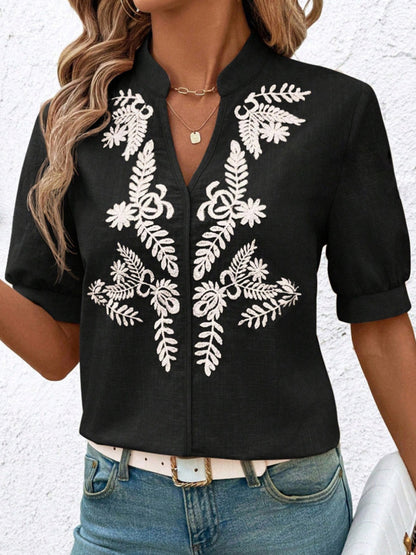Loose Short Sleeves Flower-Embellished Contrast Color Split-Joint Stand Collar Blouses&Shirts Tops