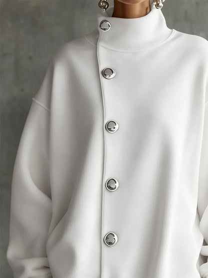 Long Sleeves Loose Buttoned Solid Color Split-Joint High Neck Mini Dresses Sweatershirt