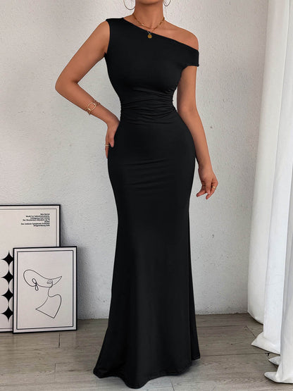 Bodycon High Waisted Asymmetric Pleated Solid Color Split-Side One-Shoulder Maxi Dresses