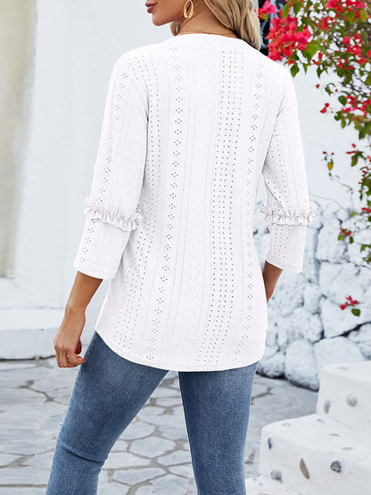 Loose Three-Quarter Sleeves Jacquard Solid Color V-Neck T-Shirts Tops