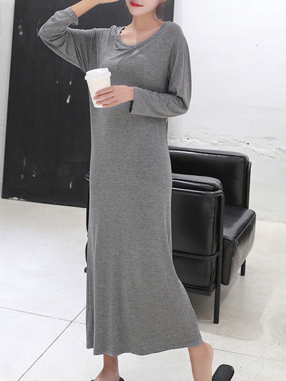 Simple Modal Solid Color Round-Neck Long Sleeves Midi Dress