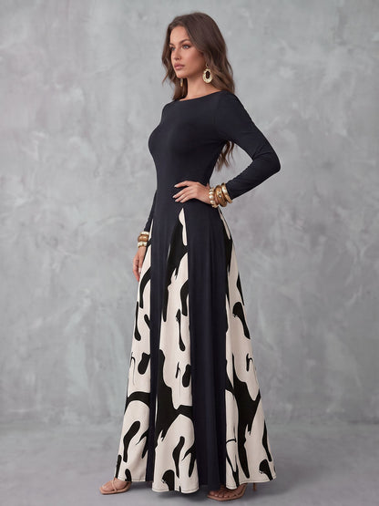 Split-Joint Printed Contrast Color Long Sleeves High Waisted Round-neck Maxi Dresses
