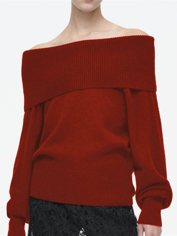 Long Sleeves Loose Solid Color Off-The-Shoulder Sweater Tops