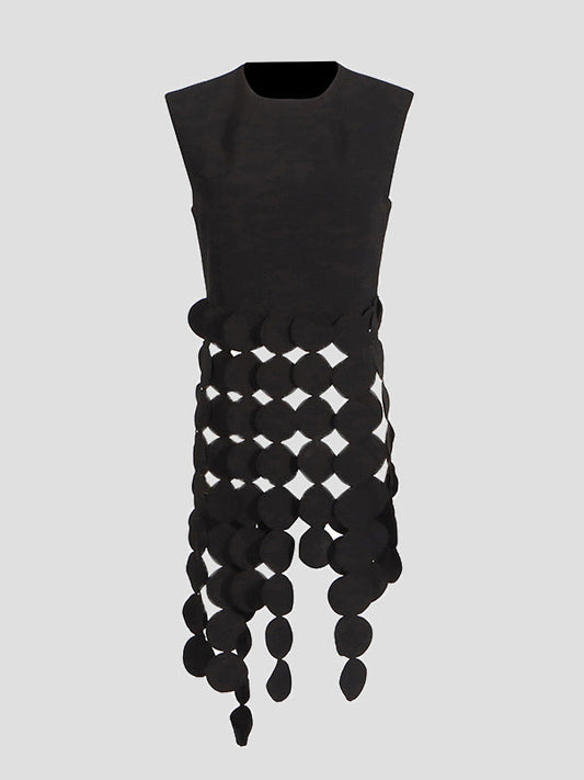 Sleeveless Polka-Dot Solid Color Split-Joint Tasseled Round-Neck Vest Top