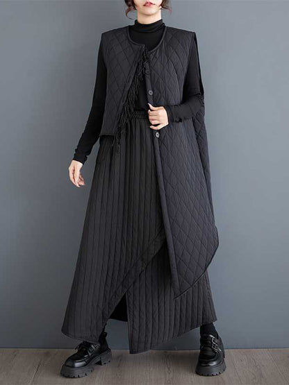 Loose Sleeveless Asymmetric Buttoned Quilted Solid Color Round-Neck Padded Vest