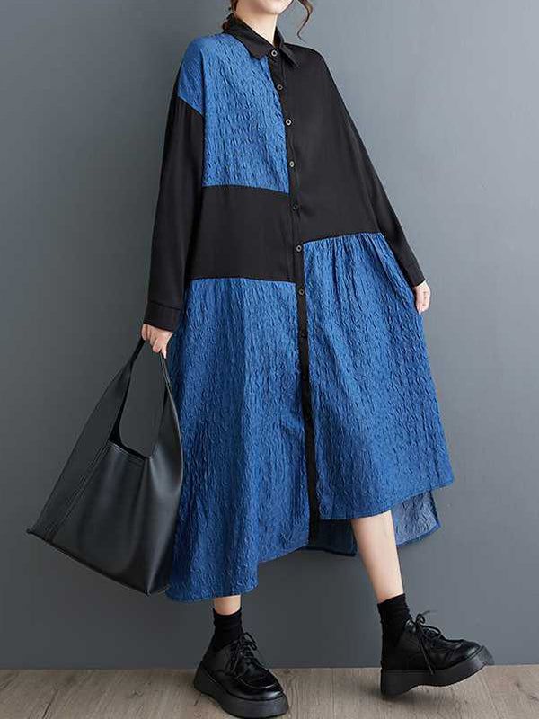 High-Low Long Sleeves Asymmetric Buttoned Split-Joint Lapel Midi Dresses