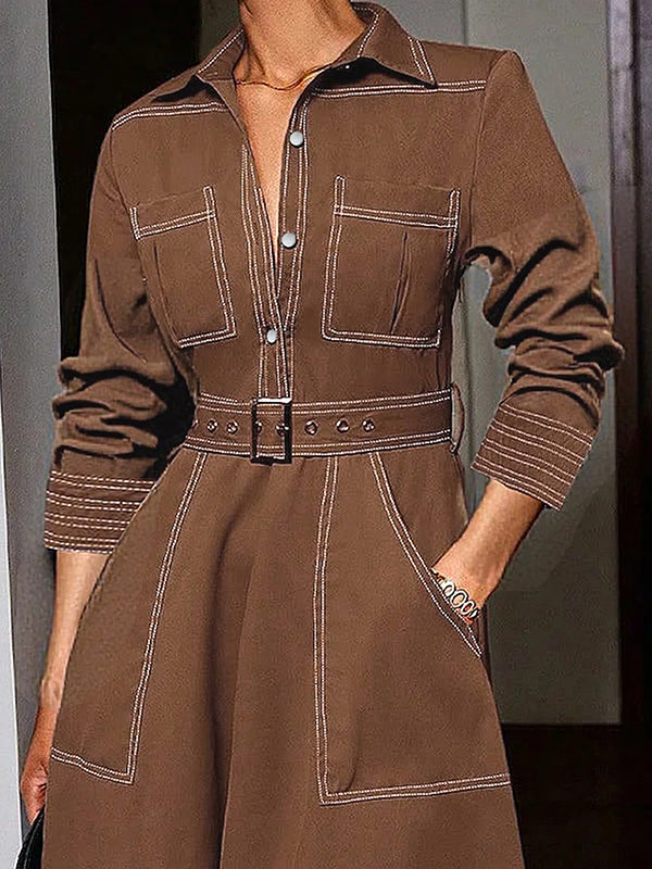 Long Sleeves Loose Buttoned Elasticity Pockets Solid Color Lapel Maxi Dresses