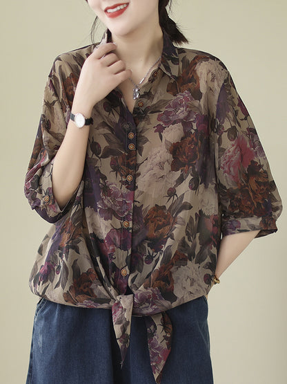 Long Sleeves Loose Buttoned Flower Print Tied Lapel Blouses&Shirts Tops