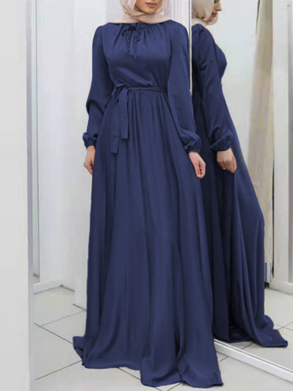 Long Sleeves Loose Pleated Solid Color Tied Waist Maxi Dresses