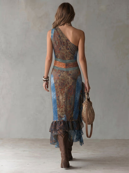 Irregularity Sleeveless Pleated Printed Ruffle Trim Split-Side One-Shoulder Midi Dresses