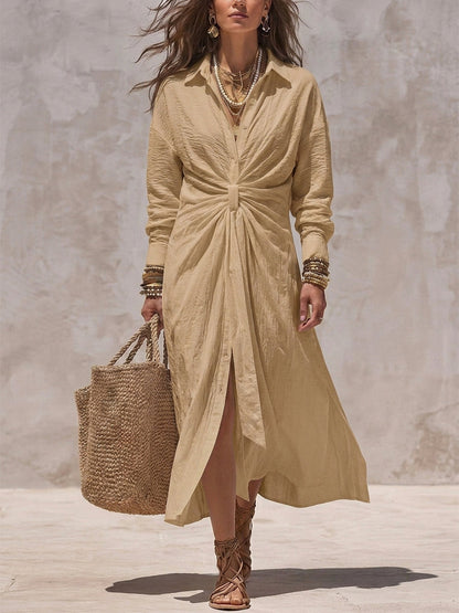 Solid Color Pockets Knot Long Sleeves Lapel Midi Dresses